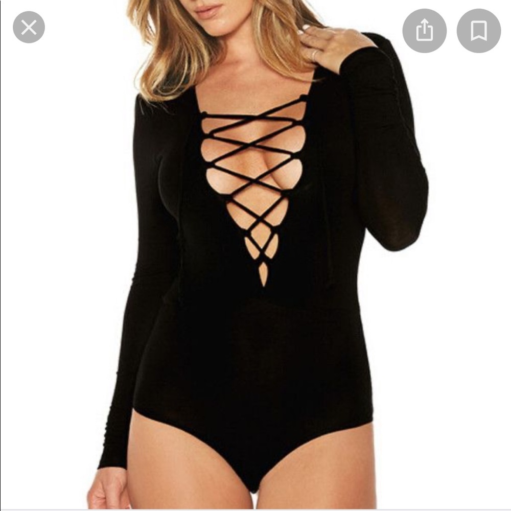 Black strappy lace up plunge long sleeve bodysuit